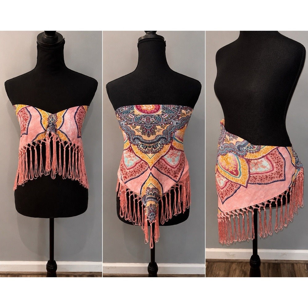 Paisley Boho Scarf Top Coverup Asymmetrical Handkerchief‎ Hem Tassel Sz XS
